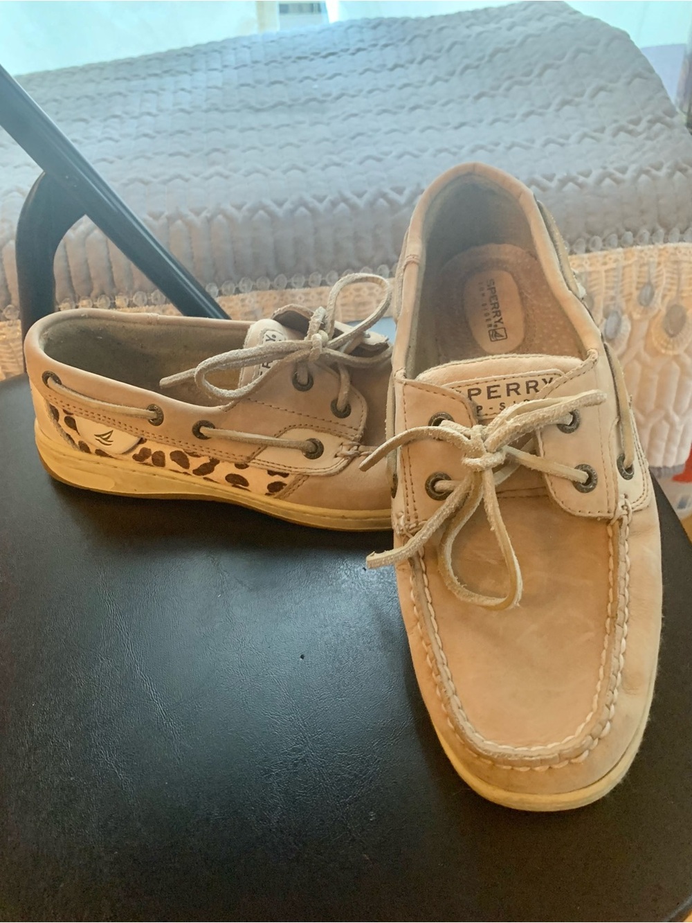 Sperry Women’s Top Sider Tan Leather Boat Shoes with Leopard Accent